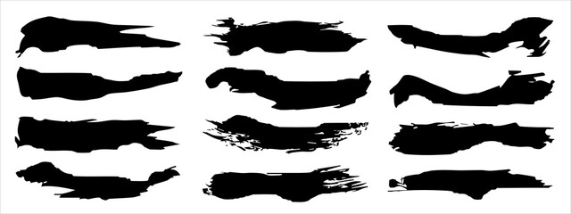 Vector collection of artistic grungy black paint hand made creative brush stroke set isolated on banner background. A group of abstract grunge sketches for design education or graphic art decoration