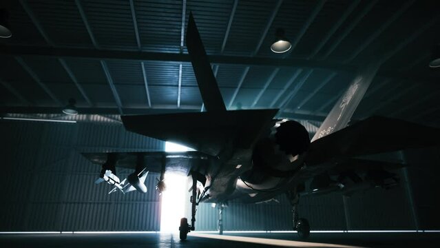 Opening the door of aircraft hangar. Military aircraft in the hangar. 3d animation