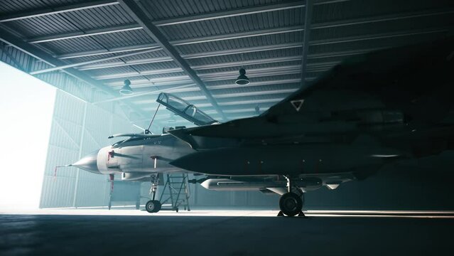 Fighter Jet In A Military Hangar. 3d Animation