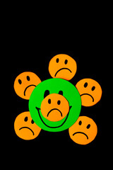 Concept of fake smile, Image of smiley faces and a fake smile, Concept of sadness and fake joy