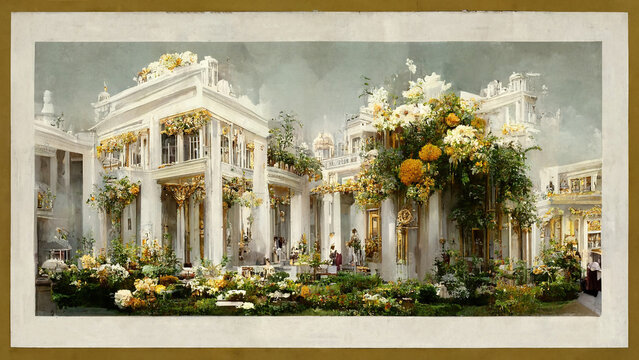Beautiful Antique House Full Of Yellow Flowers. Magic House With A Beautiful Garden. Postcard. Hi-tech. AI.