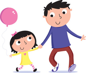 Cartoon vector of a dad walking with his daughter who is holding a balloon