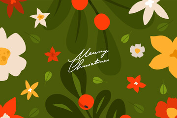 Hand drawn vector abstract graphic Merry Christmas and Happy new year clipart illustrations greeting card with flowers and leaves.Merry Christmas cute floral card design background.Winter holiday art.