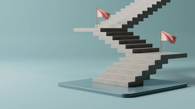 Path to success, staircase going up with flags, business concept, 3d render