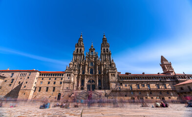 Long exposure of blurred of pilgrims in Obradoiro plaza