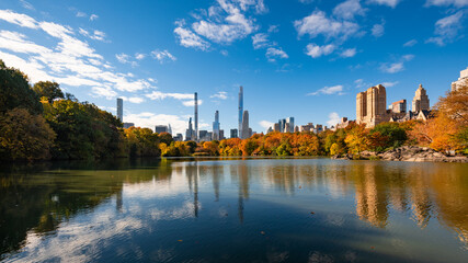 Central Park in Autumn with Billionaires Row skyscrapers from the Lake. Upper West Side, Manhattan, New York City - 537502203