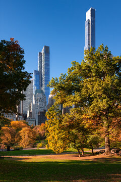 Central Park in Fall with the skyscrapers of Billionaires Row. Midtown Manhattan, New York City