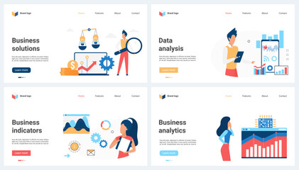 Business data analysis, financial analytics, audit set vector illustration. Cartoon analysts research graph and chart report for sales growth, concepts for banner, website design or landing web page
