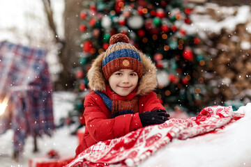 Child in red winter outerwear outdoors in snow looking at camera. New Year Christmas holiday. Happy kid playing with snow outdoor. New year tree and presents Snowflakes and colorful winter clothes