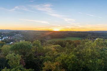 Last sunlight above Syratal from Lookout tower on Barenstein hill in Plauen city in Germany