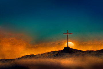 Silhouette of christian cross on mountain hill background. Copy space. Faith symbol. Church...
