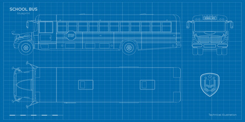 School bus drawing. Outline blueprint of municipal transport. Top, side, front vehicle view. Academy lorry. City transportation. Industrial clipart © shaineast