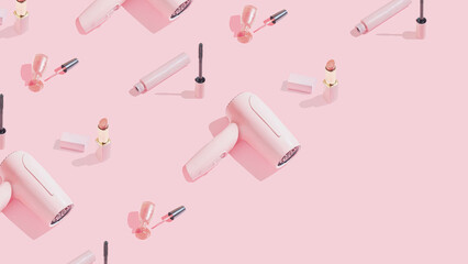 Trendy pattern made of hair dryer, lipstick and nail polish on sunny pink background with diagonal...