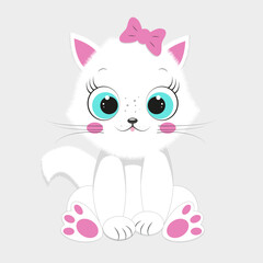 Obraz premium White kitten sits on a white background. Cute pet in cartoon style. Vector illustration.