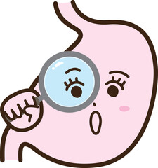 虫眼鏡で検査・診断する擬人化した胃袋のびっくりした表情