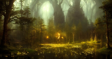 Fototapeta na wymiar Illustration Detailed Mystical Beautiful Forest