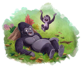 Illustration of gorilla father playing with little gorilla © cirodelia
