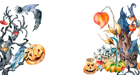 Obraz na płótnie Canvas Banner of colorful Halloween watercolor illustration isolated on white background.