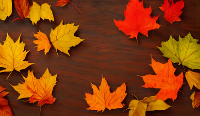 A rustic wood table with an assortment of autumn leaves on its surface. Generative AI creation.