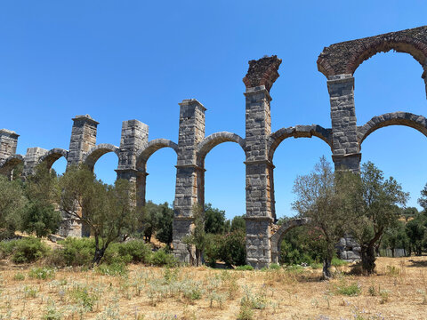 View Of A Roman Aqueduct At Moria, Lesbos, Greece