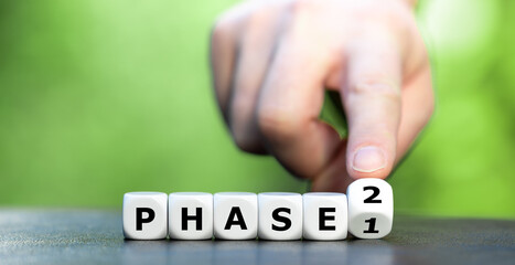 Hand turns dice and changes the expression 'phase 1' to 'phase 2'.