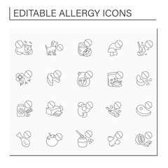 Allergy line icons set. Abnormal allergic reactions to food, pills and pets. Healthcare and treatment concept. Isolated vector illustrations. Editable stroke