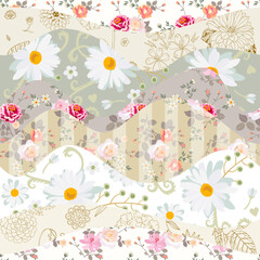 Beautiful seamless patchwork pattern from wavy patches with flowers. Fabric print - 537506876