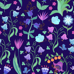 Fairytale seamless pattern with flowers and butterflies.  Magic night on blooming meadow. Print for fabric.