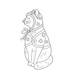 Cute cat in hat and vest sitting and smiling. Silhouette in Doodle style, black lines, sketch. Winter funny illustration for decoration, coloring for kids