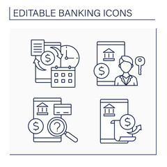 Banking line icons set. Account history, holder, bank examination and statement. Business concept. Isolated vector illustrations. Editable stroke