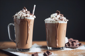 3d illustration of milkshakes. Cream, topping, chocolate, vanilla, fruits, banana, strawberry, cookies, biscuit. Advertisement, banner. Festive, winter, autumn, Christmas.