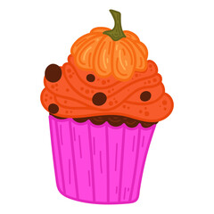 Single hand drawn halloween pumpkin cupcake. Vector illustration clipart in cozy style. Cute element for greeting cards, posters, stickers and seasonal design. Isolated on white background.