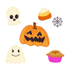 Halloween set of illustrated vector elements. Pumpkin, pie, candy, ghosts, scull.