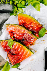 Sweet toasted watermelon with red pepper and mint