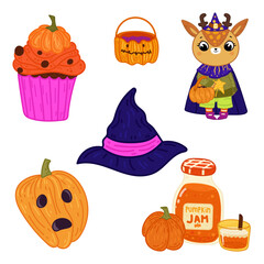 Halloween set of illustrated vector elements.Halloween drink,pumpkin,
deer character in witch costume,cake.