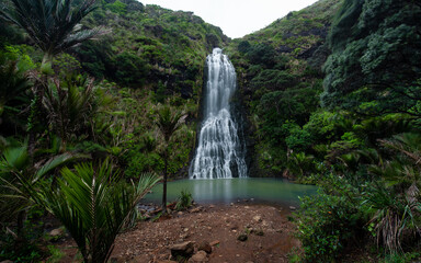 Wide view of Karekare falls, Auckland, New Zealand.