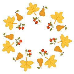 Fototapeta premium Cute vector autumn mandala with autumn berries,pears, leaves on white background.Hand drawn vector illustration.