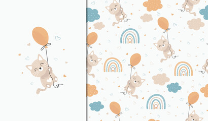Custom blinds with your photo Set of poster and seamless pattern with a cute kitten on a balloon. Children's illustration for posters, textiles. Vector