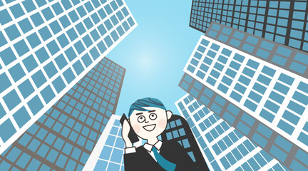 高層ビルをバックに電話をかける男性 © Ryta