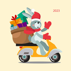 The rabbit is the symbol of the year 2023. The rabbit is carrying gifts on a moped. Christmas Bunny. Christmas card. Flat style vector illustration.