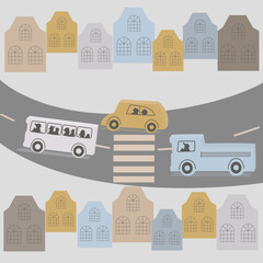Houses and cars on the road in the city in cartoon and beige style