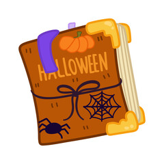 Single hand drawn halloween book. Vector illustration clipart in cozy style. Cute element for greeting cards, posters, stickers and seasonal design. Isolated on white background.