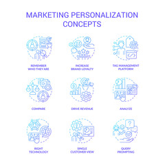 Personalized marketing blue gradient concept icons set. Improve customer online experience idea thin line color illustrations. Isolated symbols. Roboto-Medium, Myriad Pro-Bold fonts used