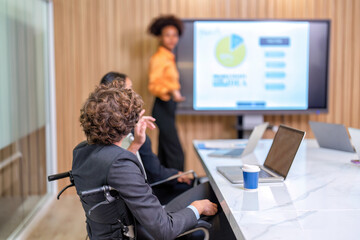Group of startup business co-worker staff working in office in the meeting room one employee stand...