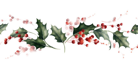 Seamless Christmas Border, Christmas frame, Christmas greeting card, can be used as invitation card for wedding, birthday and other holiday and  summer background. Botanical art. Watercolor  