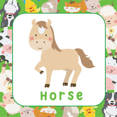 Cute flashcards animal farm edition. Educational printable game cards. Colorful printable flashcard. Ready to print file. Educational card for preschool. Vector illustration.