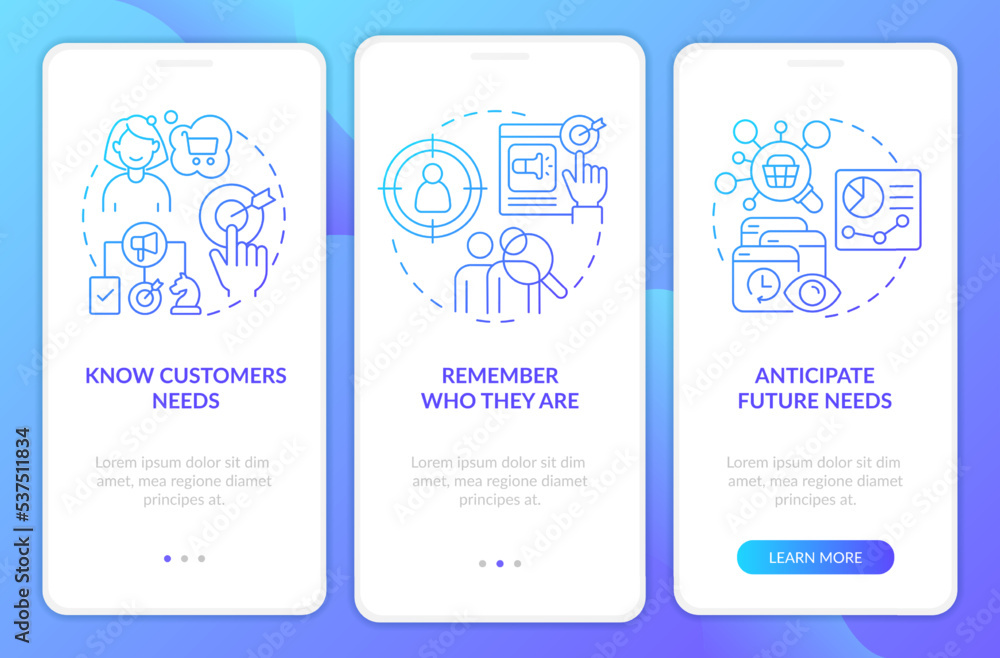 Aufkleber research target audience needs blue gradient onboarding mobile app screen. walkthrough 3 steps graph