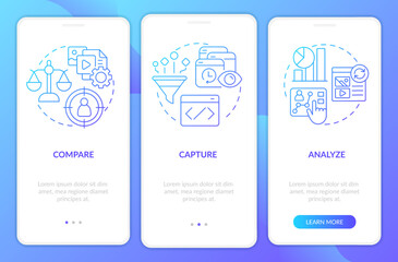 Personalized marketing research blue gradient onboarding mobile app screen. Walkthrough 3 steps graphic instructions with linear concepts. UI, UX, GUI template. Myriad Pro-Bold, Regular fonts used