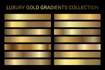 Luxury gold gradients collection vector. Golden gradients set of metallic festive gold vector colors. For Christmas cards, banners, tags, fonts, New Year Eve party flyers, invitation card design - obrazy, fototapety, plakaty