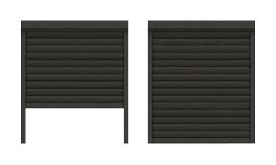 Black closed and ajar roller garage shutter door with realistic texture mockup. Metal protect system for shops and stores. Vector illustration of steel gate of house or warehouse. Roller up blinds.